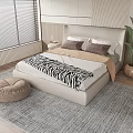 Modern Bedroom With Double Bed Zebra Print Blanket Pillows Gray Rug And Green Plant