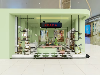 Prada Luxury Clothing Store Interior With Display Shelves And Fashion Apparel 3d model