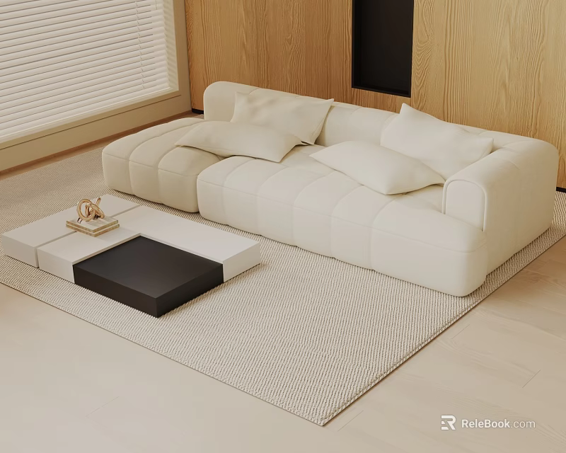 Creamy White Three Seater Sofa with Wooden Wall and Coffee Table in Modern Living Room 3d model 