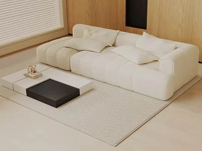 Creamy White Three Seater Sofa with Wooden Wall and Coffee Table in Modern Living Room 3d model