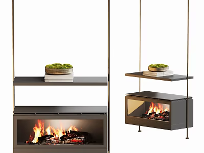 Modern Fireplace Design with Shelves Books and Green Plant and Burning Flames 3d model