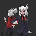 Game And Movie Character With White Hair Horns Red Eyes And Stylish Outfits