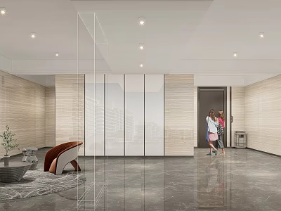 Modern Elevator Lobby Design With Textured Walls Polished Floor And Seating Area 3d model