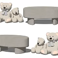 Stylish Upholstered White Round Footstool With Teddy Bears And Gray Bows