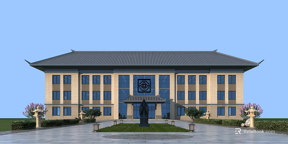 Chinese-style School Building With Gray Tile Roof Light-colored Walls Large Windows And Front Statue Courtyard 3d model 