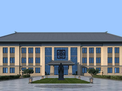 Chinese-style School Building With Gray Tile Roof Light-colored Walls Large Windows And Front Statue Courtyard 3d model
