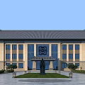 Chinese-style School Building With Gray Tile Roof Light-colored Walls Large Windows And Front Statue Courtyard