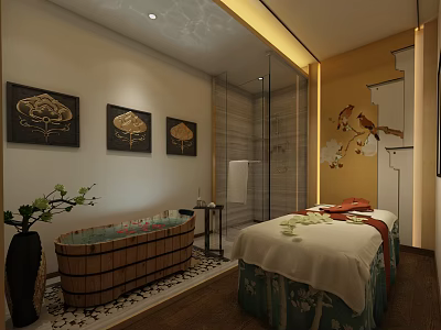 Serene SPA Sauna Room with Wooden Bathtub Massage Bed and Decorative Paintings 3d model