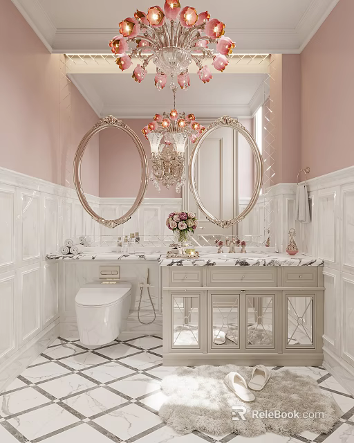 Elegant Bathroom With Pink Walls Oval Mirrors Chandelier Double Sinks Marble Countertops Glass Door Cabinets 3d model 