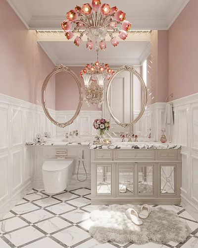 Elegant Bathroom With Pink Walls Oval Mirrors Chandelier Double Sinks Marble Countertops Glass Door Cabinets 3d model