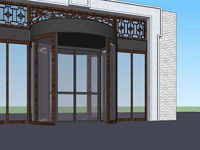 Architectural Building Entrance Featuring Revolving Door Decorative Arch And Glass Windows With White Brick Wall 3d model