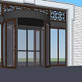 Architectural Building Entrance Featuring Revolving Door Decorative Arch And Glass Windows With White Brick Wall