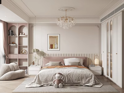 Cozy Elegant Bedroom Interior Design With Crystal Chandelier Pink Bookshelf And Stuffed Bear Rug 3d model