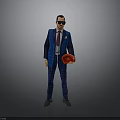 A Man In Blue Plaid Suit Wearing Sunglasses Holding Red Hat Against Gray Background