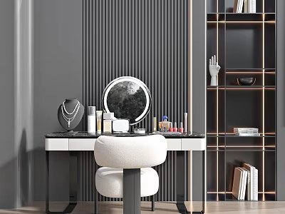 Modern Dressing Table With Round Mirror Gray Striped Wall White Chair Cosmetics And Wooden Bookshelf 3d model