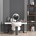 Modern Dressing Table With Round Mirror Gray Striped Wall White Chair Cosmetics And Wooden Bookshelf
