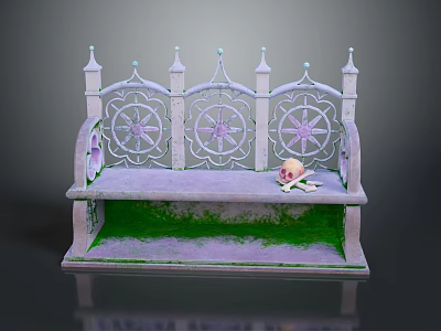 Vintage Outdoor Bench With Intricate Iron Design Pointed Top And Green Moss 3d model
