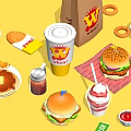 Assorted Fast Food Items Including Hamburgers Hot Dog Milkshake Onion Rings And Fries