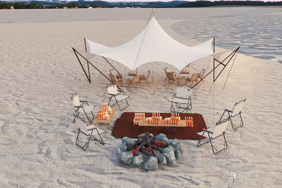 Outdoor Sunshade Canopy On Sandy Beach With Bonfire Pit Chairs And Tables 3d model 