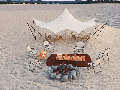 Outdoor Sunshade Canopy On Sandy Beach With Bonfire Pit Chairs And Tables 3d model