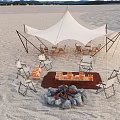 Outdoor Sunshade Canopy On Sandy Beach With Bonfire Pit Chairs And Tables