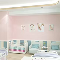Hospital Ward With Light Green Walls Large Window Gray Curtains Two Beds And Decorative Paintings
