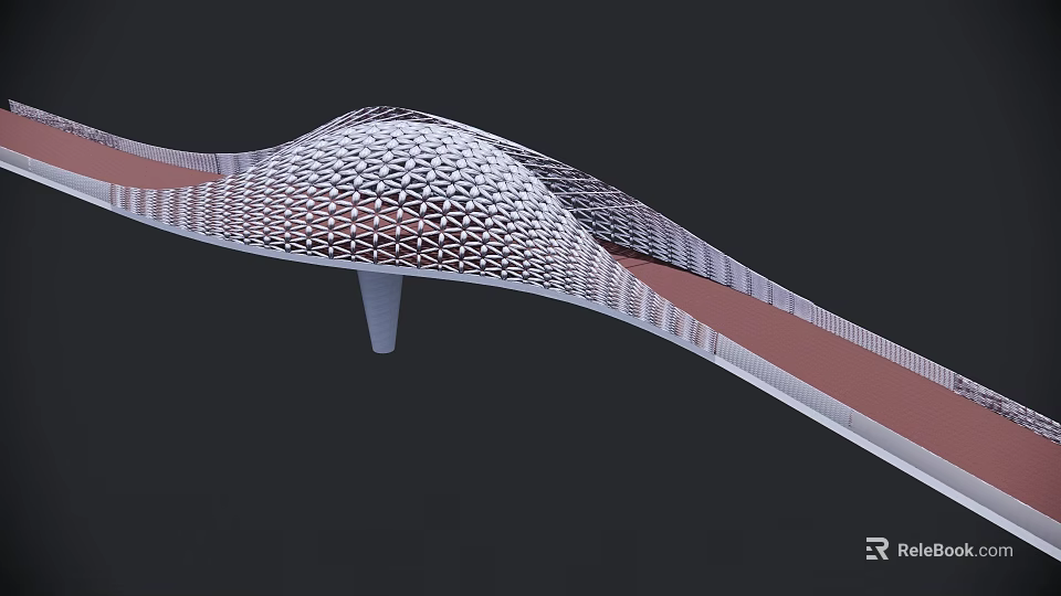 Modern Bridge With Unique Mesh Structure Curved Design Red Deck And Support Pillar 3d model