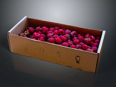 Juicy Fresh Ripe Red Raspberries in a Brown Cardboard Box Container 3d model