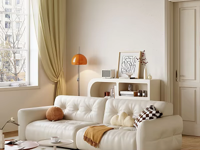 White Leather Double Sofa With Pillows And Floor Lamp In Modern Living Room 3d model