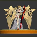 Graceful Female Figure in White Dress with Golden Mechanical Wings Red Sword on Golden Base