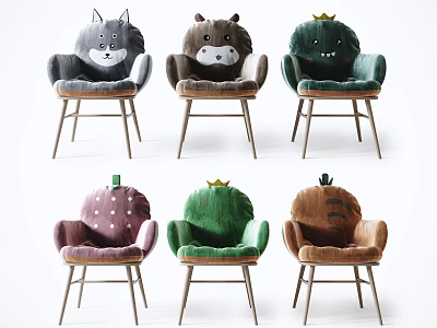 Plush Kids Chair with Cute Animal Plant Shapes and Wooden Legs 3d model