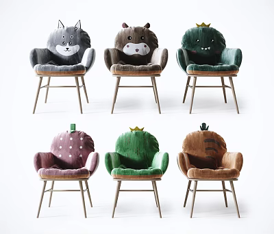 Plush Kids Chair with Cute Animal Plant Shapes and Wooden Legs 3d model