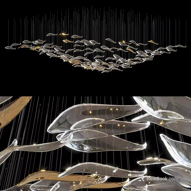 Modern Cluster Chandelier with Transparent Leaf Shaped Elements Hanging in Black Background 3d model