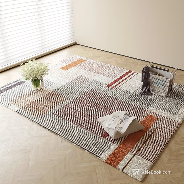 Modern Multicolor Square Rug With Geometric Patterns On Wooden Floor Featuring White Vase And Magazines 3d model 