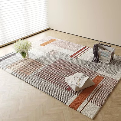 Modern Multicolor Square Rug With Geometric Patterns On Wooden Floor Featuring White Vase And Magazines 3d model