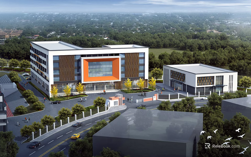 Modern School Building Exterior Design With Glass Curtain Wall Multiple Floors And Green Surroundings 3d model 