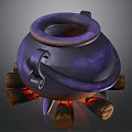 Purple Metallic Cauldron With Handles On Burning Logs And Flames