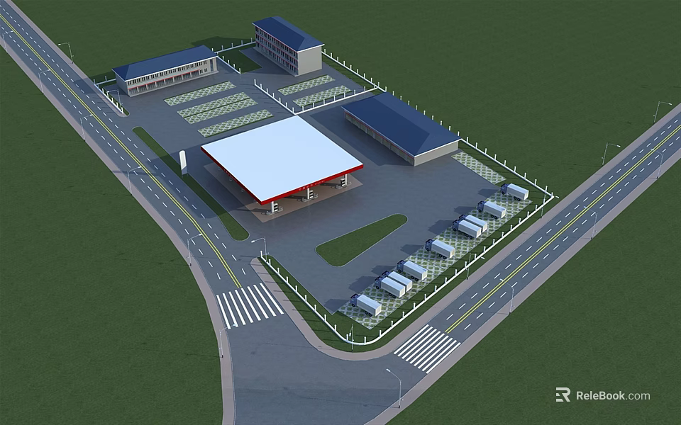 Gas Station Facility With Building Layout Parking Area And Surrounding Roads 3d model 