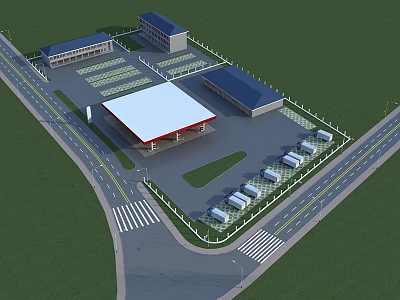 Gas Station Facility With Building Layout Parking Area And Surrounding Roads 3d model