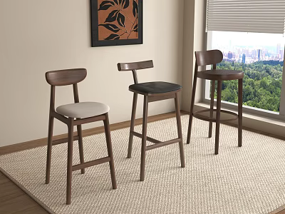 Wooden Bar Stools With Modern Design White And Black Seats Near Window And Decorative Painting 3d model