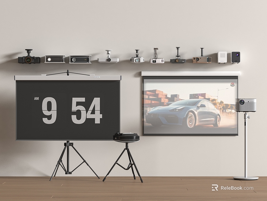 Projection Surveillance Setup Featuring Wall Mounted Cameras Projector Devices And Tripod Screens Displaying Time 3d model 