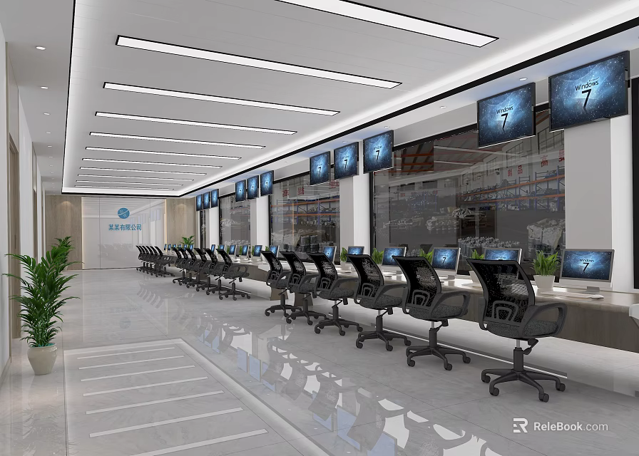 Bright Spacious Monitoring Room With Multiple Screens Computers Office Chairs And Plant 3d model 
