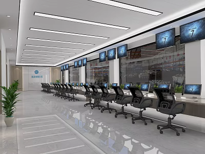 Bright Spacious Monitoring Room With Multiple Screens Computers Office Chairs And Plant 3d model