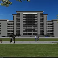 Modern Multi Story Office Building With Glass Facade Green Lawn And Trees Plaza
