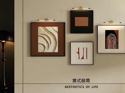 Italian Minimalist Photo Wall With Decorative Paintings And Spotlights In Modern Aesthetic Design 3d model