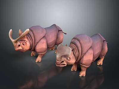 Two Purple Rhinoceros 3D Models in Cartoon Style with Smooth Surfaces and Shiny Details 3d model