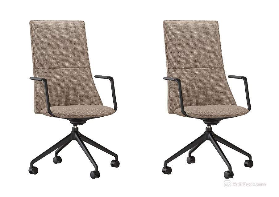 Stylish light brown fabric office chairs with black armrests and five-star caster bases 3d model 