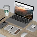 Modern Laptop On Wooden Desk With Starbucks Coffee Cup Smartphone Watch And Earbuds