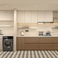 Modern Kitchen With Wooden Cabinets White Island Countertop Window Blinds Black Chairs And Checkered Floor