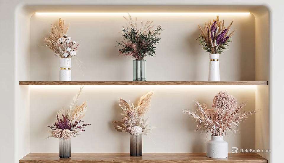Dried Flower Bouquets In White Gray Glass Vases On Wooden Shelves With Wall Lighting 3d model 